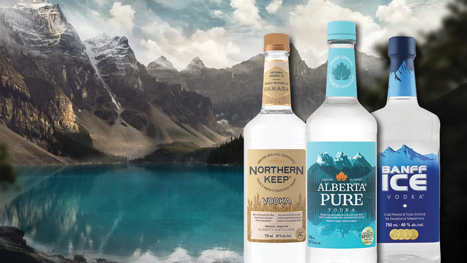 Northern Keep Pure Banff Ice Vodka Bottles Lake Mountains Alberta